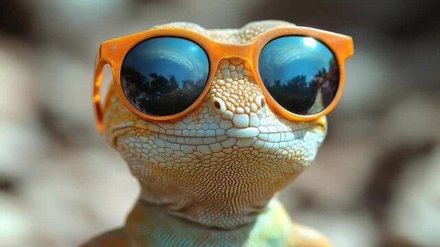 Smiling lizard wearing orange sunglasses reflects trees and sky in lenses on a sunny day