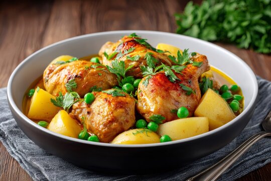 Chicken stew with potatoes and peas serving in bowl