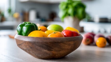 Fresh vibrant produce filling a rustic wooden bowl, showcasing colorful organic fruits and vegetables on a modern kitchen counter, promoting healthy eating and a balanced lifestyle
