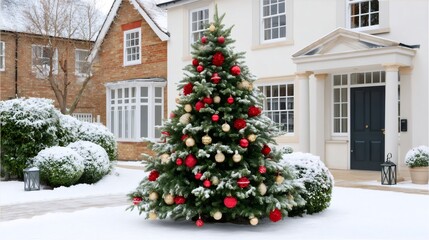 Decorated Christmas tree standing outside suburban home during winter