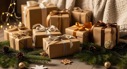 Wrapped Gifts and Festive Decorations A Warm and Cozy Holiday Scene with Presents and Seasonal Charm