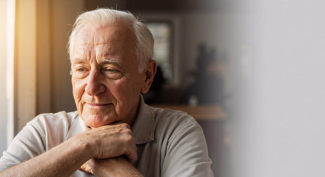 thoughtful senior man gazing out window in cozy room with serene morning light