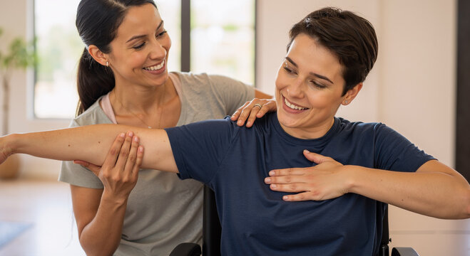physiotherapist assisting woman in wheelchair during arm exercise at rehabilitation center