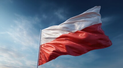 Polish flag waving proudly against a clear blue sky during daytime