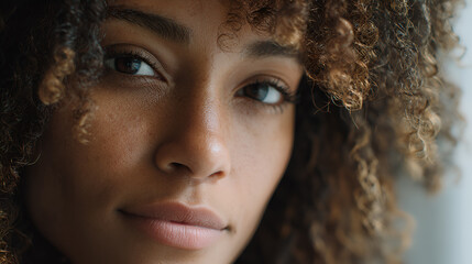 Extreme close-up of a young adult woman’s face with curls framing the eyes and natural freckles, shot in soft window light with shallow depth of field. Concept: natural beauty, skincare, authenticity