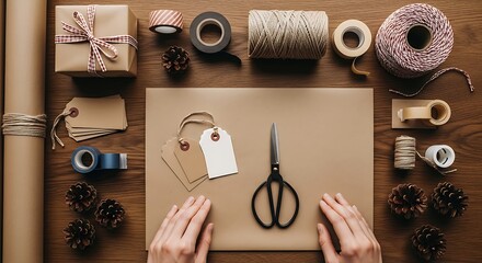 Flat lay of gift wrapping supplies including craft paper, scissors, twine, and tags for presents