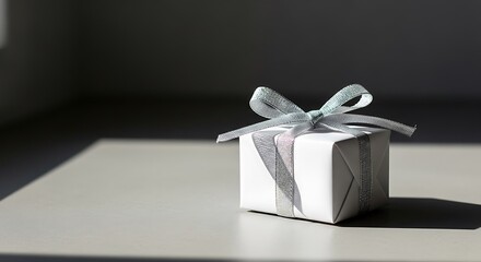 Elegant white gift box tied with a shimmering silver ribbon, casting a soft shadow on a light grey surface