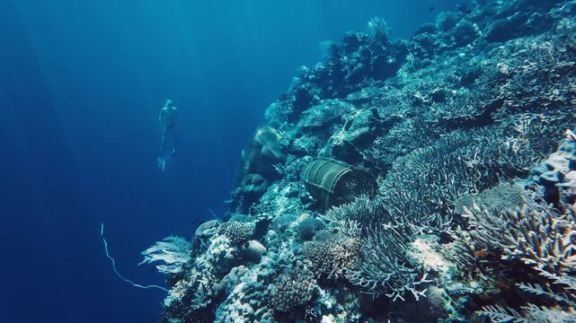 Freediver swims underwater in the tropical sea near the Alor island in Indonesia with traditional Bubu fishing trap located on the foreground