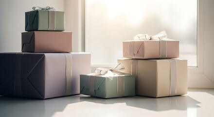 Softly illuminated pastel gift boxes, elegantly wrapped with delicate ribbons, symbolizing heartfelt generosity and the joy of festive celebrations