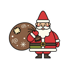 PNG cut out isolated background. A simple and cute vector illustration of Santa Claus in a flat, kawaii-style, carrying a decorated sack of gifts.
