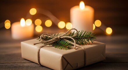 A simply wrapped holiday gift box adorned with a festive evergreen sprig, illuminated by the warm, soft glow of candlelight and bokeh lights