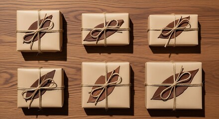 Beautifully Wrapped Gifts with Natural Leaf Embellishments and Twine on a Wooden Surface
