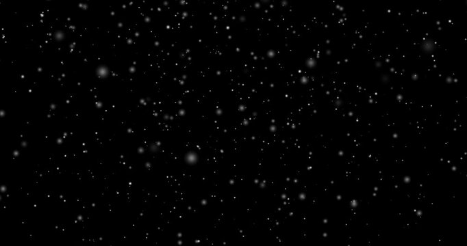 Snow Falling Effect. Small and large snowflakes moving on black background with alpha channel. Snowfall in winter weather. Design for video overlay. Realistic graphic 3D animated footage