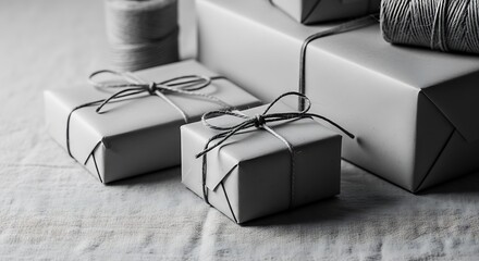 Subtly arranged collection of various-sized gift boxes, wrapped in understated paper and tied with simple string, embodying the spirit of thoughtful giving and festive anticipation