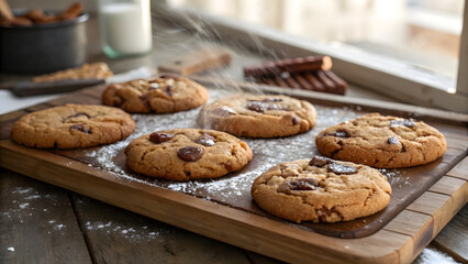 A batch of freshly baked cookies rests on a rustic wooden board or cooling rack, still warm from the oven