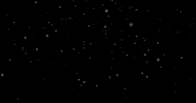 Slowly falling snow. Snowflakes Christmas overlay. Dark alpha channel with moving white snowfall particles. Winter weather. Realistic graphic 3D animated footage
