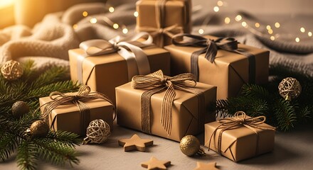 A warm and cozy holiday scene featuring beautifully wrapped Christmas gifts in rustic brown paper, surrounded by pine branches and festive decorations