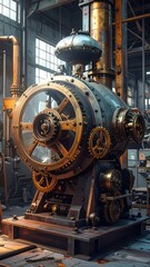 Fototapeta premium Massive, intricate steampunk machine in a large industrial space