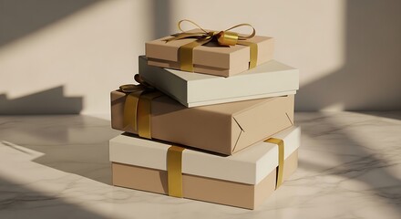 A delightful stack of beautifully wrapped gift boxes, tied with elegant gold ribbon, evoking feelings of celebration and generosity