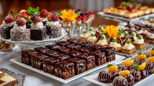 Buffet de postres variados con una hermosa presentaci&oacute;n en un evento especial