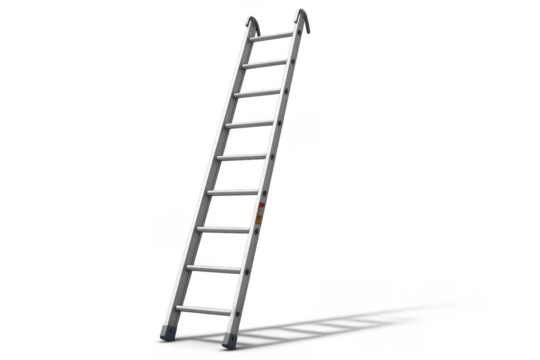 Aluminum extension ladder standing, transparent background, isolated