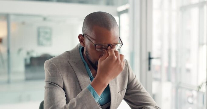 Black man, headache and glasses in office with stress, tired or eye strain at corporate law firm. Person, lawyer and pain with bad vision, burnout or fatigue for legal process with deadline at agency