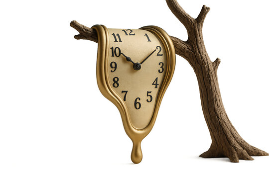 Time's Surreal Embrace: A melted clock sculpture delicately hangs from a branch, embodying a surreal perception of time's fluidity, a whimsical and artistic representation.