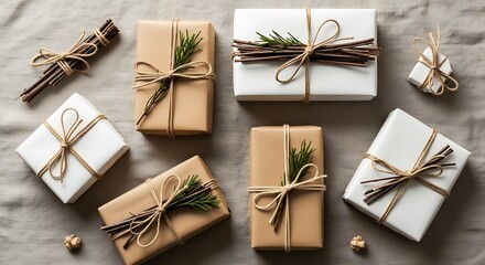 Flat lay of beautifully wrapped rustic Christmas gifts in brown and white paper, tied with twine and decorated with natural twigs and greenery