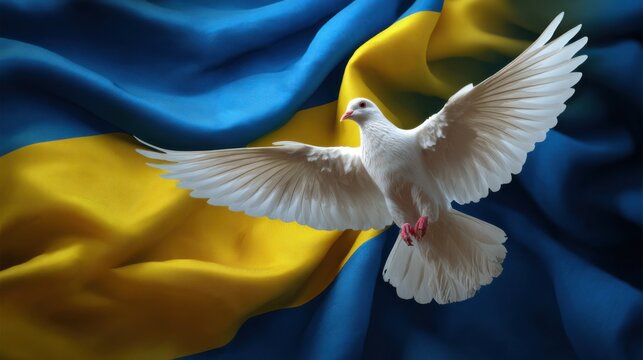 Dove flying gracefully in front of the vibrant blue and yellow flag of Ukraine during a peaceful moment