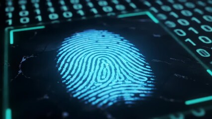Glowing blue fingerprint scan with binary code background, showcasing digital identity access, security - Powered by Adobe