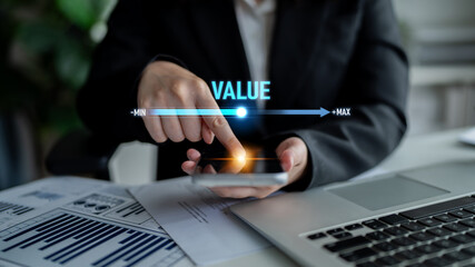 Value measurement and adjustment concept showing value, performance, and optimization level with focus on data analytics, calibration, and improvement Latch