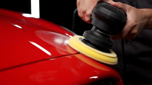 Mechanic polishes a red car panel with an electric polisher. A clean, close-up shot focused on auto detailing. Automotive care, paint correction, professional car detailing.