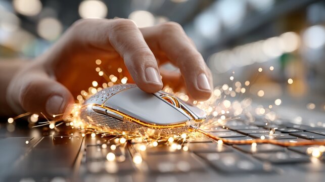 Mano apurada sobre el teclado y mouse en un ambiente de trabajo lleno de energía