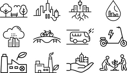 A collection of minimalist line art icons representing various sustainable urban concepts. The icons depict elements like parks, buildings, renewable energy sources, and eco-friendly transportation