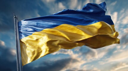 Ukrainian flag waving proudly under a dramatic sky during a windy day