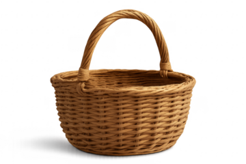 Wicker basket with handle, empty, on transparent background