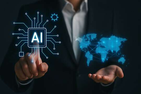 Artificial intelligence concept with futuristic AI hologram and networked world map symbolizing digital transformation