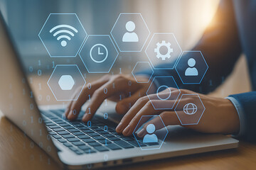 Business professional typing on laptop with futuristic digital icons representing technology communication and workflow