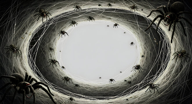 Creepy spider web tunnel with many spiders, creating a terrifying and claustrophobic halloween background with a dark and eerie atmosphere