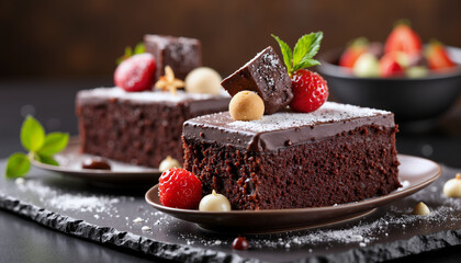 Chocolate cake slices decorated with berries and mint on slate platter  