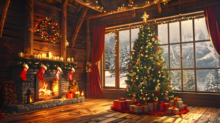 Fototapeta premium A Christmas decoration, a warm fireplace and a Christmas tree, a fireplace with Christmas decorations, happy Christmas Season