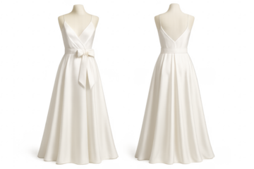 White wedding dress on mannequin, front and back view