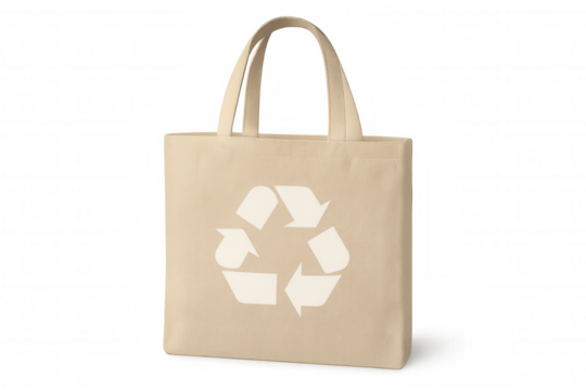 Beige canvas tote bag with recycle symbol, promoting eco-friendly shopping and sustainable living, transparent background