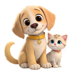 Adorable cartoon puppy and kitten friends sharing a heartwarming moment together.