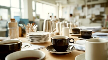 Morning coffee break with cups and saucers arranged on a table in a bright, modern workspace.