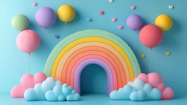 Pastel rainbow with colorful balloons and cloud shapes in a bright, cheerful cartoon style setting