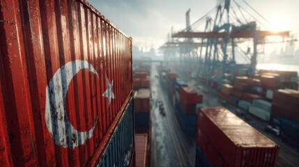 Shipping containers displaying the Turkish flag in a busy port during early morning light