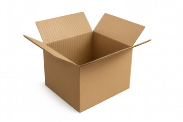 Open corrugated cardboard box symbolizing delivery, storage, and fresh starts. Background is transparent for convenient use