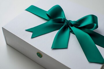 Elegant emerald green satin ribbon tied in a luxurious bow on a white gift box, perfect for celebrations.
