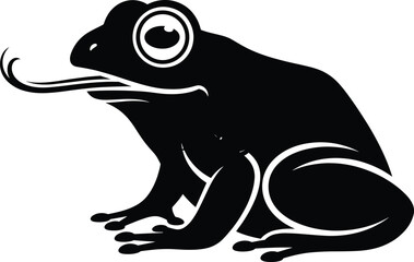 Frog silhouette illustration, sitting amphibian with tongue extended and bold outlined details, graphic wildlife vector design